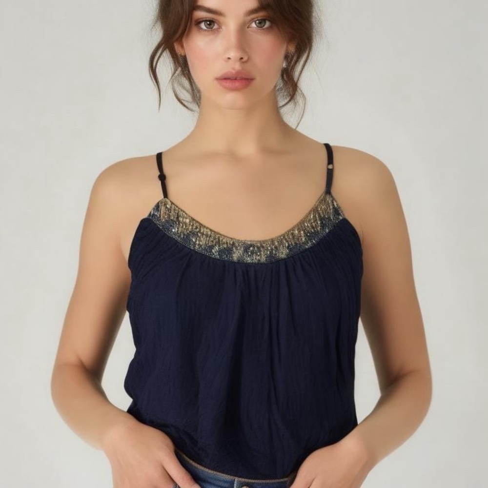 Forever 21 Women's Vintage Navy Tank Top with Neckline Beading Size Small